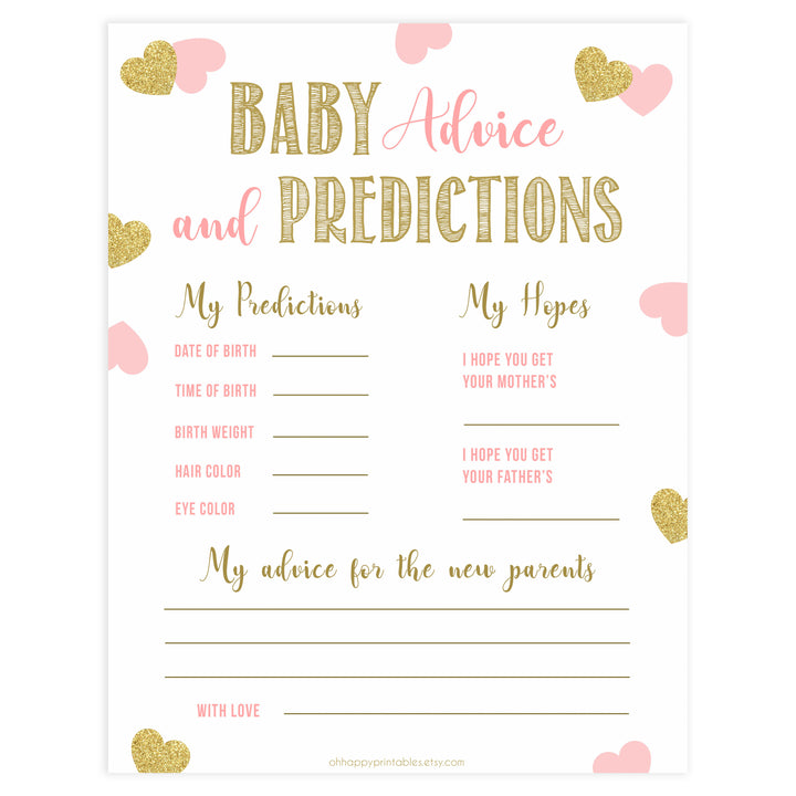 baby advice and predictions keepsake, baby advice, Printable baby shower games, large pink hearts fun baby games, baby shower games, fun baby shower ideas, top baby shower ideas, gold pink hearts shower baby shower, pink hearts baby shower ideas