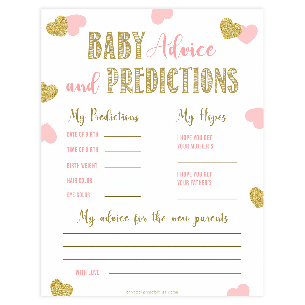 baby advice and predictions keepsake, baby advice, Printable baby shower games, large pink hearts fun baby games, baby shower games, fun baby shower ideas, top baby shower ideas, gold pink hearts shower baby shower, pink hearts baby shower ideas