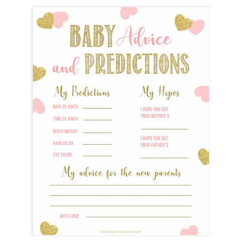 baby advice and predictions keepsake, baby advice, Printable baby shower games, large pink hearts fun baby games, baby shower games, fun baby shower ideas, top baby shower ideas, gold pink hearts shower baby shower, pink hearts baby shower ideas