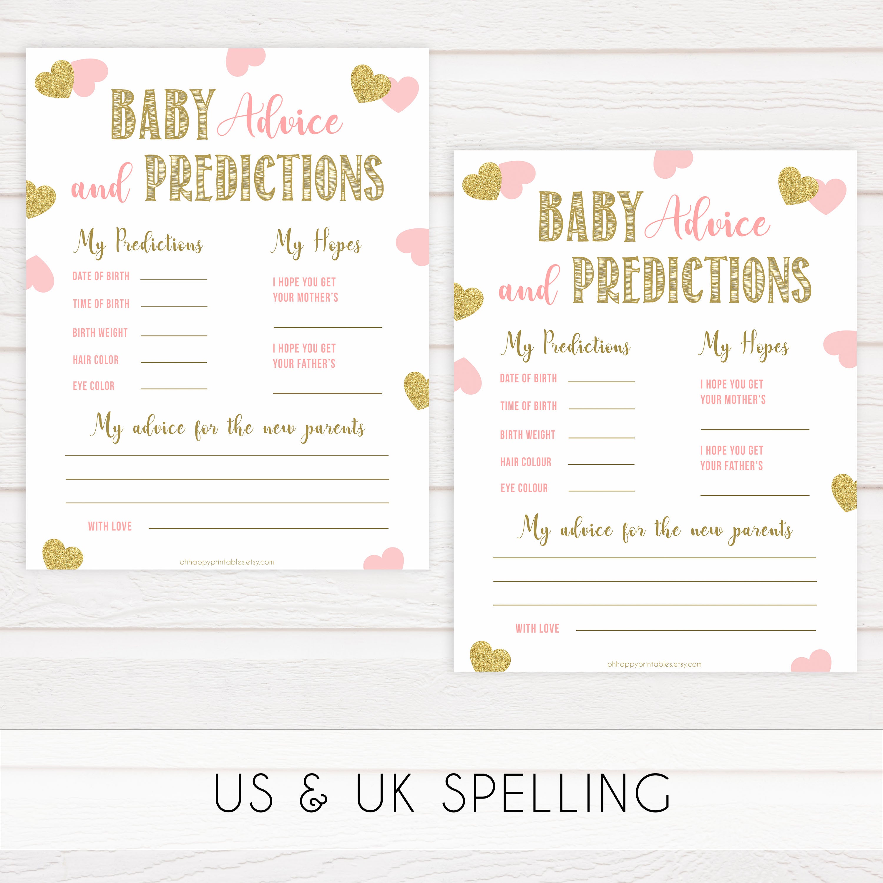 baby advice and predictions keepsake, baby advice, Printable baby shower games, large pink hearts fun baby games, baby shower games, fun baby shower ideas, top baby shower ideas, gold pink hearts shower baby shower, pink hearts baby shower ideas