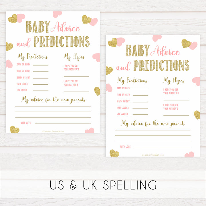 baby advice and predictions keepsake, baby advice, Printable baby shower games, large pink hearts fun baby games, baby shower games, fun baby shower ideas, top baby shower ideas, gold pink hearts shower baby shower, pink hearts baby shower ideas