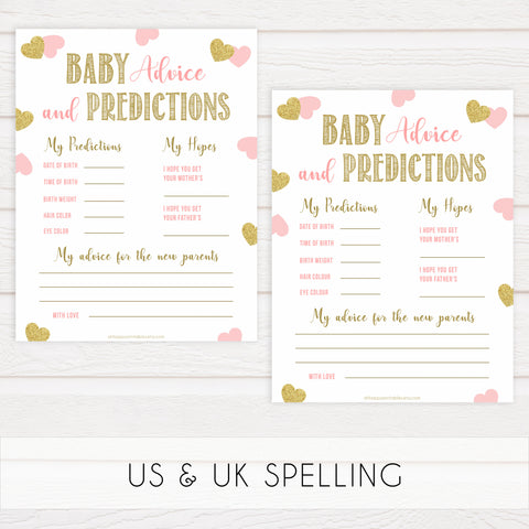 baby advice and predictions keepsake, baby advice, Printable baby shower games, large pink hearts fun baby games, baby shower games, fun baby shower ideas, top baby shower ideas, gold pink hearts shower baby shower, pink hearts baby shower ideas