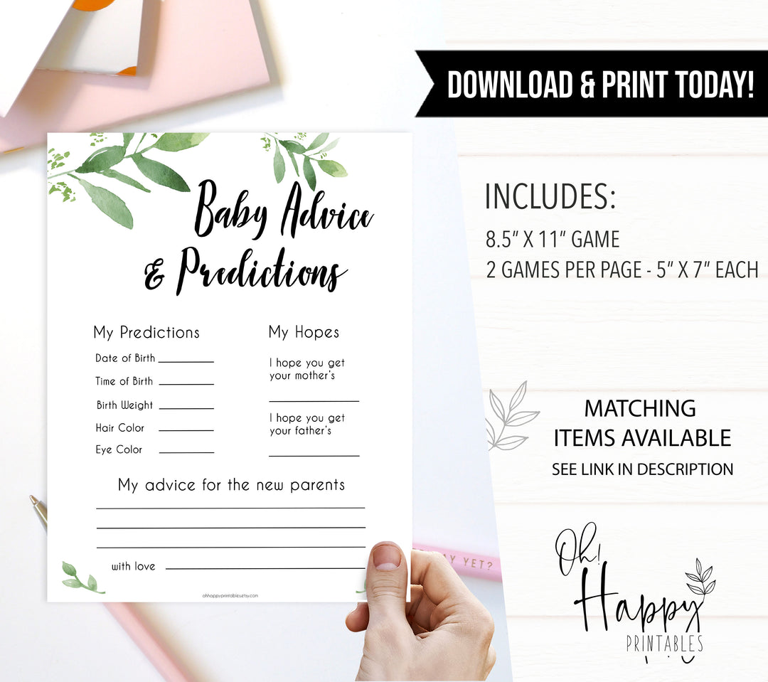 baby advice and predictions botanical theme baby shower games, botanical baby games, botanical baby shower themes