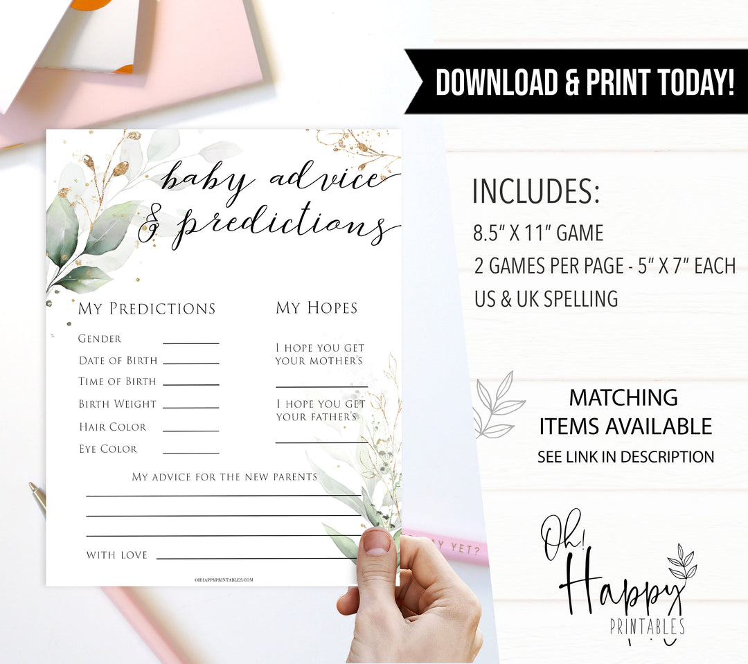 Gold green leaf baby games, baby advice and predictions, printable baby games, fun baby games, top baby games to play, gold leaf baby shower, greenery baby shower ideas