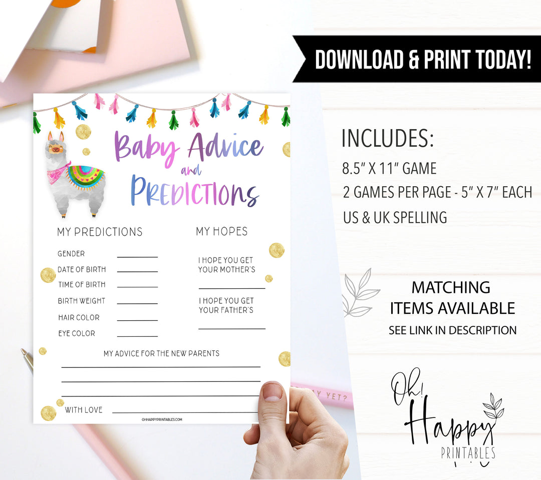 baby advice and predictions keepsake, Printable baby shower games, llama fiesta fun baby games, baby shower games, fun baby shower ideas, top baby shower ideas, Llama fiesta shower baby shower, fiesta baby shower ideas