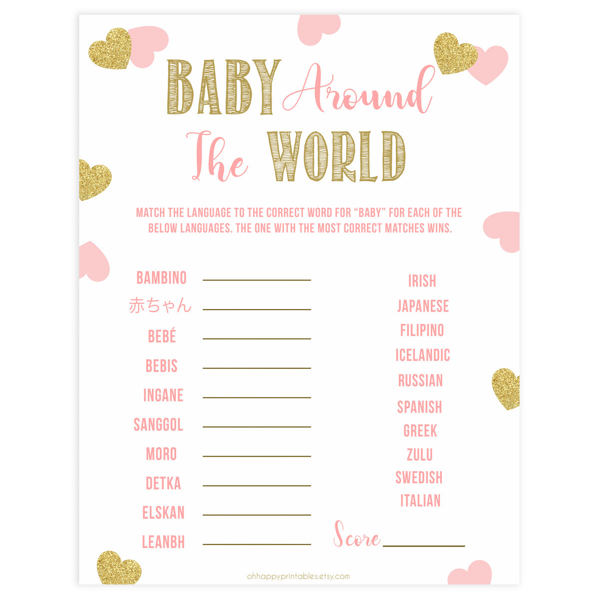 baby around the world game, Printable baby shower games, large pink hearts fun baby games, baby shower games, fun baby shower ideas, top baby shower ideas, gold pink hearts shower baby shower, pink hearts baby shower ideas