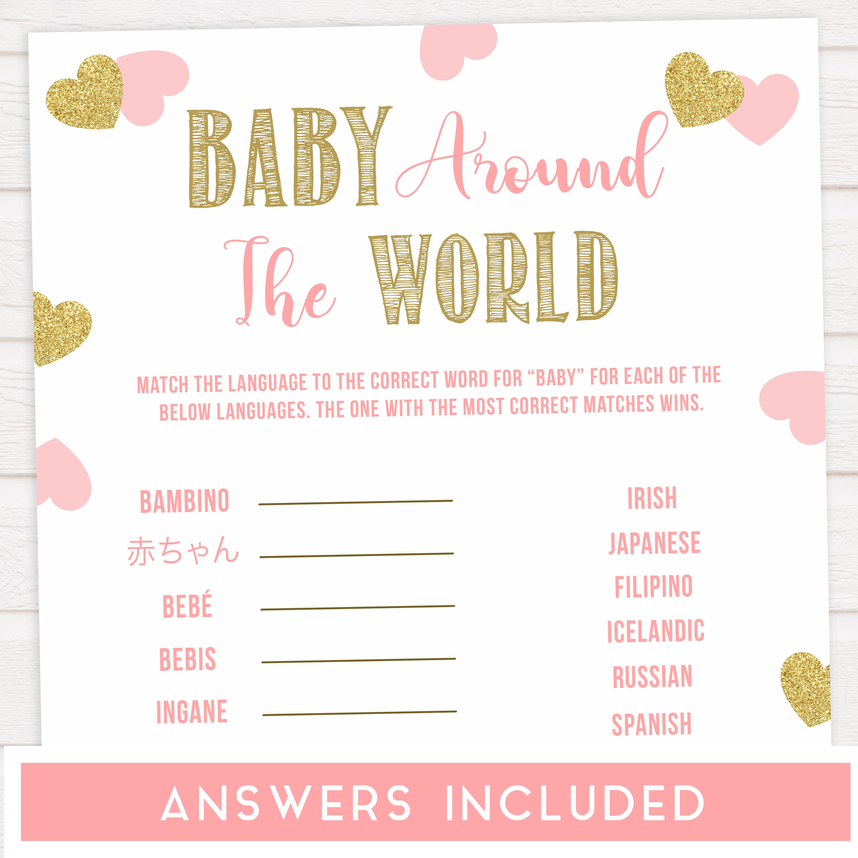 baby around the world game, Printable baby shower games, large pink hearts fun baby games, baby shower games, fun baby shower ideas, top baby shower ideas, gold pink hearts shower baby shower, pink hearts baby shower ideas