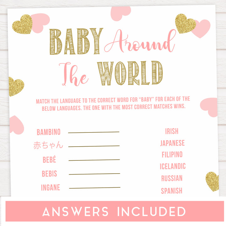 baby around the world game, Printable baby shower games, large pink hearts fun baby games, baby shower games, fun baby shower ideas, top baby shower ideas, gold pink hearts shower baby shower, pink hearts baby shower ideas