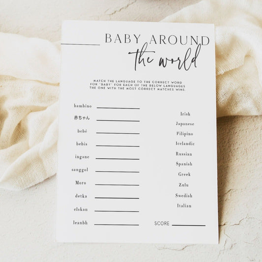 baby around the world baby shower game, printable baby shower games, editable baby shower games, modern baby shower games, minimalist baby shower