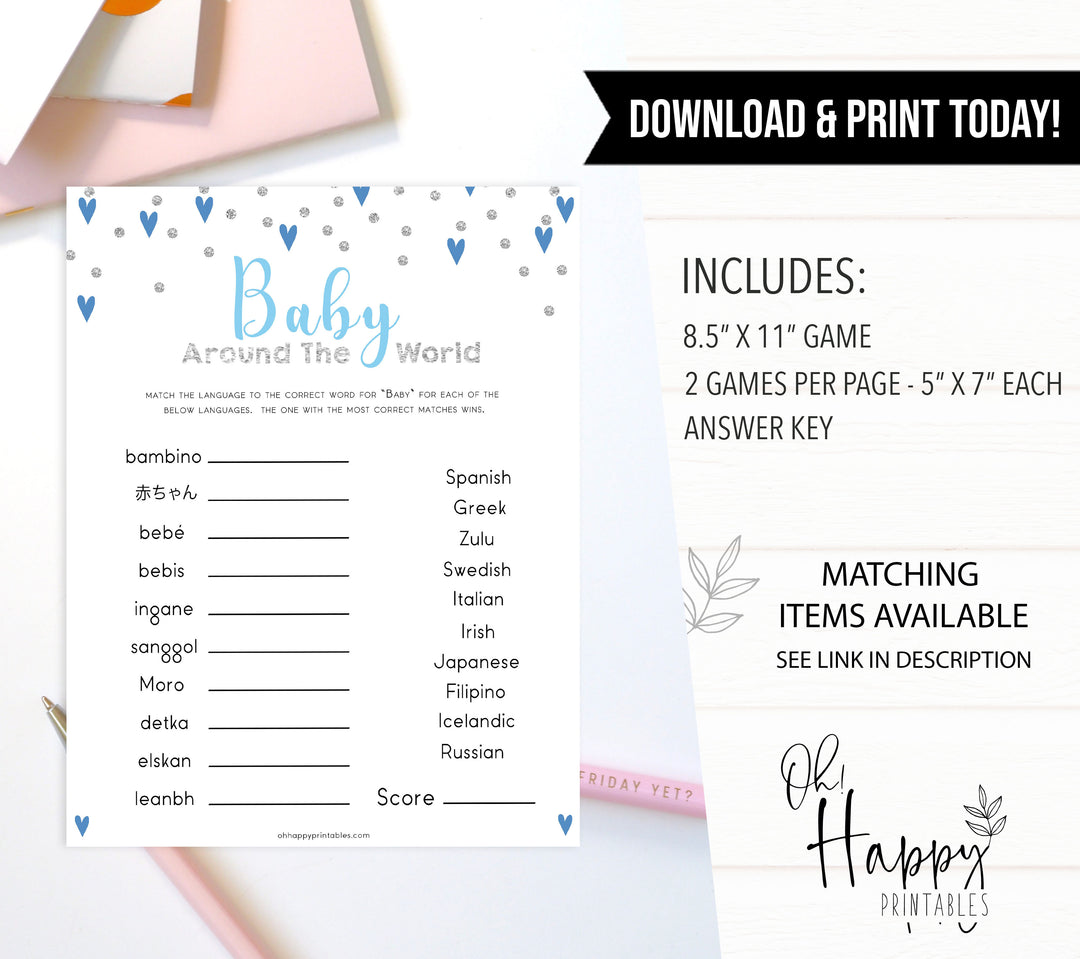 Blue hearts baby games, baby around the world game, printable baby games, boy baby games, blue hearts baby shower, top baby games, fun baby games, popular baby games
