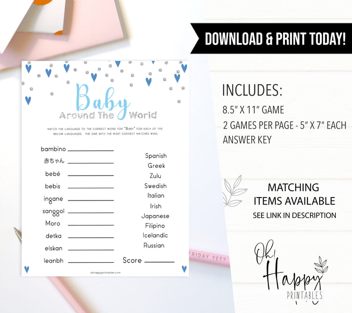 Blue hearts baby games, baby around the world game, printable baby games, boy baby games, blue hearts baby shower, top baby games, fun baby games, popular baby games