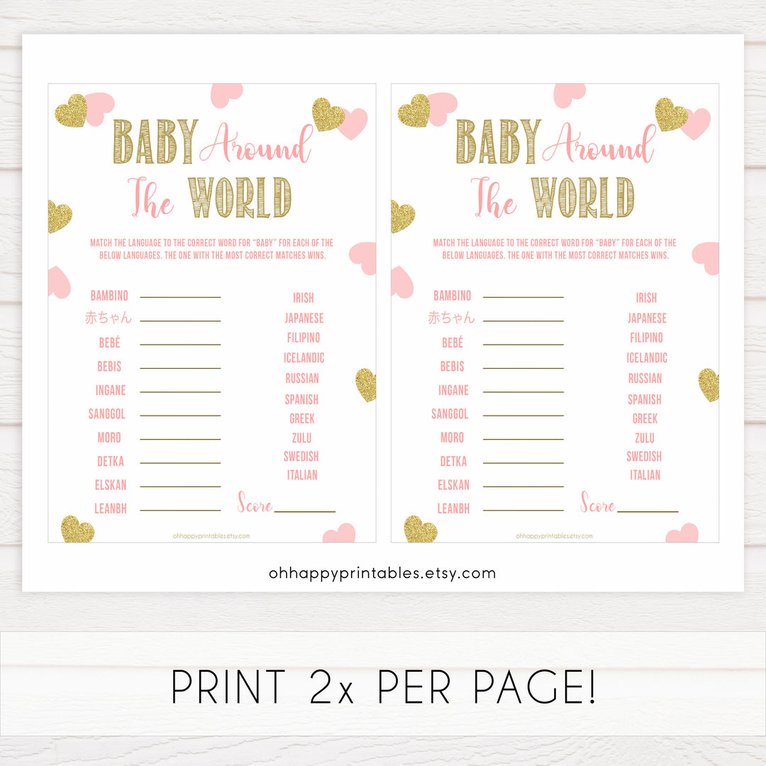 baby around the world game, Printable baby shower games, large pink hearts fun baby games, baby shower games, fun baby shower ideas, top baby shower ideas, gold pink hearts shower baby shower, pink hearts baby shower ideas