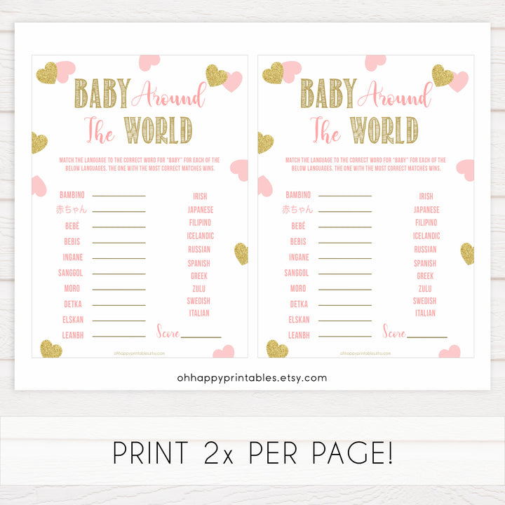 baby around the world game, Printable baby shower games, large pink hearts fun baby games, baby shower games, fun baby shower ideas, top baby shower ideas, gold pink hearts shower baby shower, pink hearts baby shower ideas