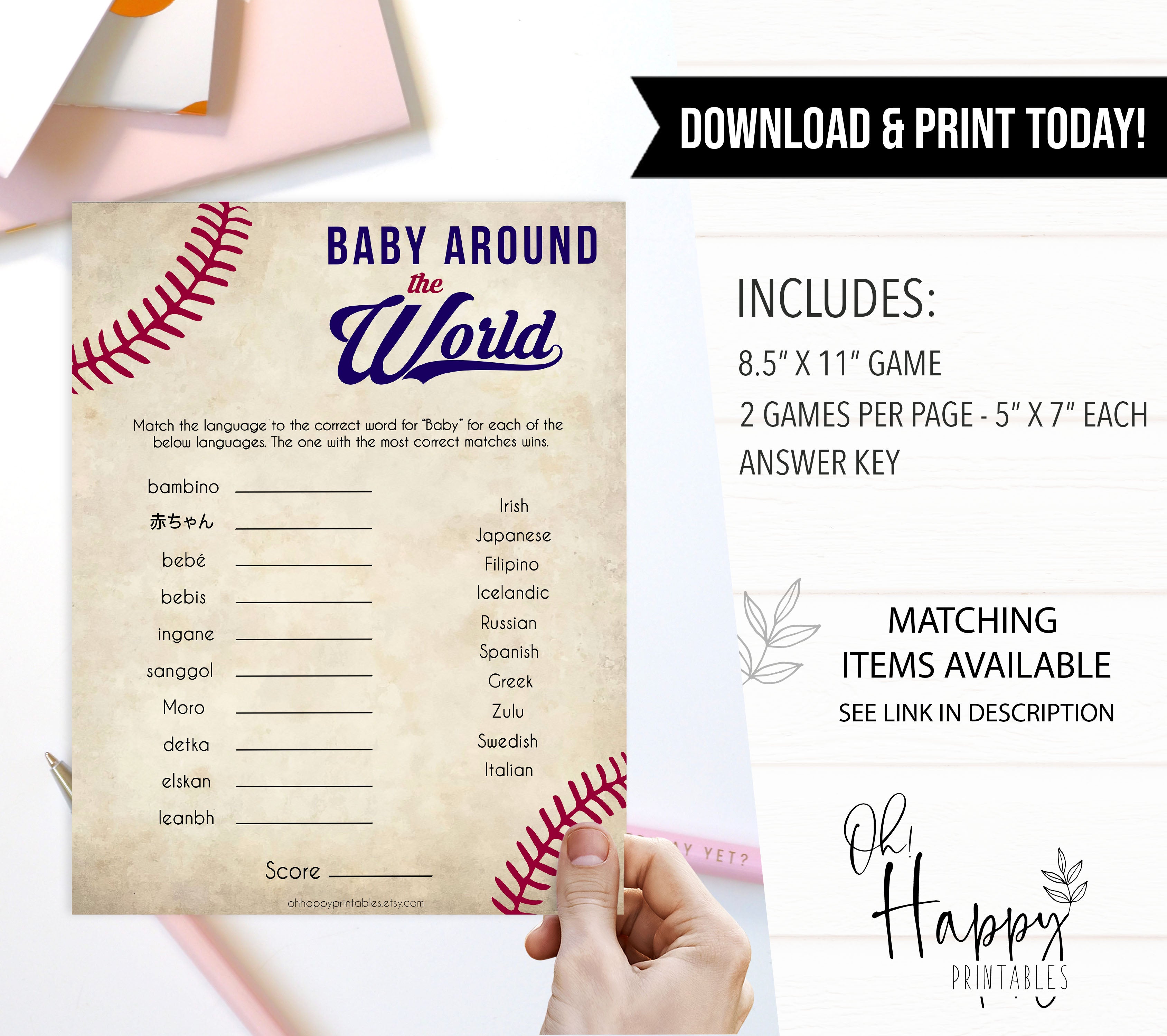 Baby Around The World Game, Baby in Different Languages, Baseball Baby Shower, Baby Shower Games, Travel Baby Game, Baby Shower Game, printable baby shower games, fun baby shower games, popular baby shower games