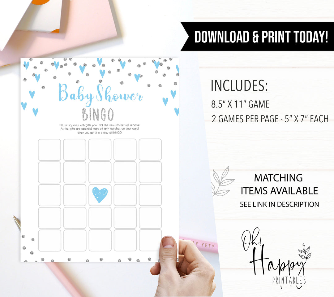 baby bingo game, Printable baby shower games, small blue hearts fun baby games, baby shower games, fun baby shower ideas, top baby shower ideas, silver baby shower, blue hearts baby shower ideas