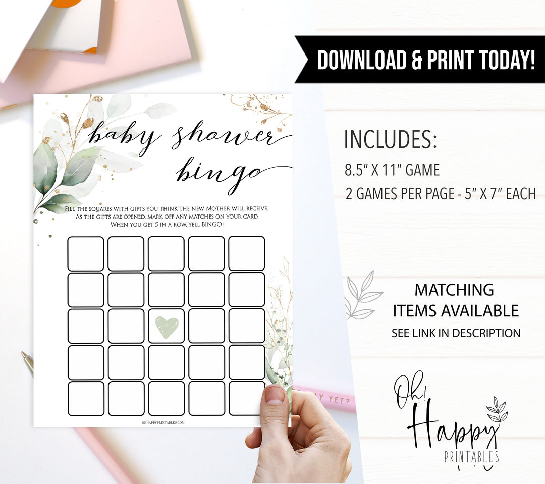 Gold green leaf baby games, baby shower bingo, printable baby games, fun baby games, top baby games to play, gold leaf baby shower, greenery baby shower ideas