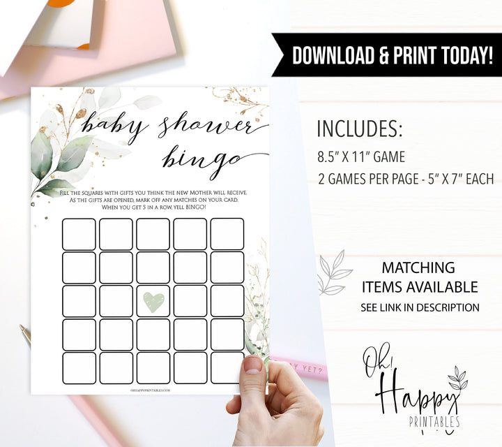 Gold green leaf baby games, baby shower bingo, printable baby games, fun baby games, top baby games to play, gold leaf baby shower, greenery baby shower ideas