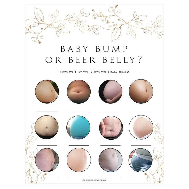baby bump or beer belly game, Printable baby shower games, gold leaf baby games, baby shower games, fun baby shower ideas, top baby shower ideas, gold leaf baby shower, baby shower games, fun gold leaf baby shower ideas