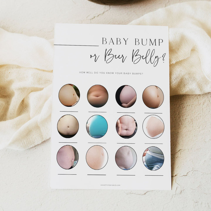 baby bump or beer belly baby shower game, printable baby shower games, editable baby shower games, modern baby shower games, minimalist baby shower