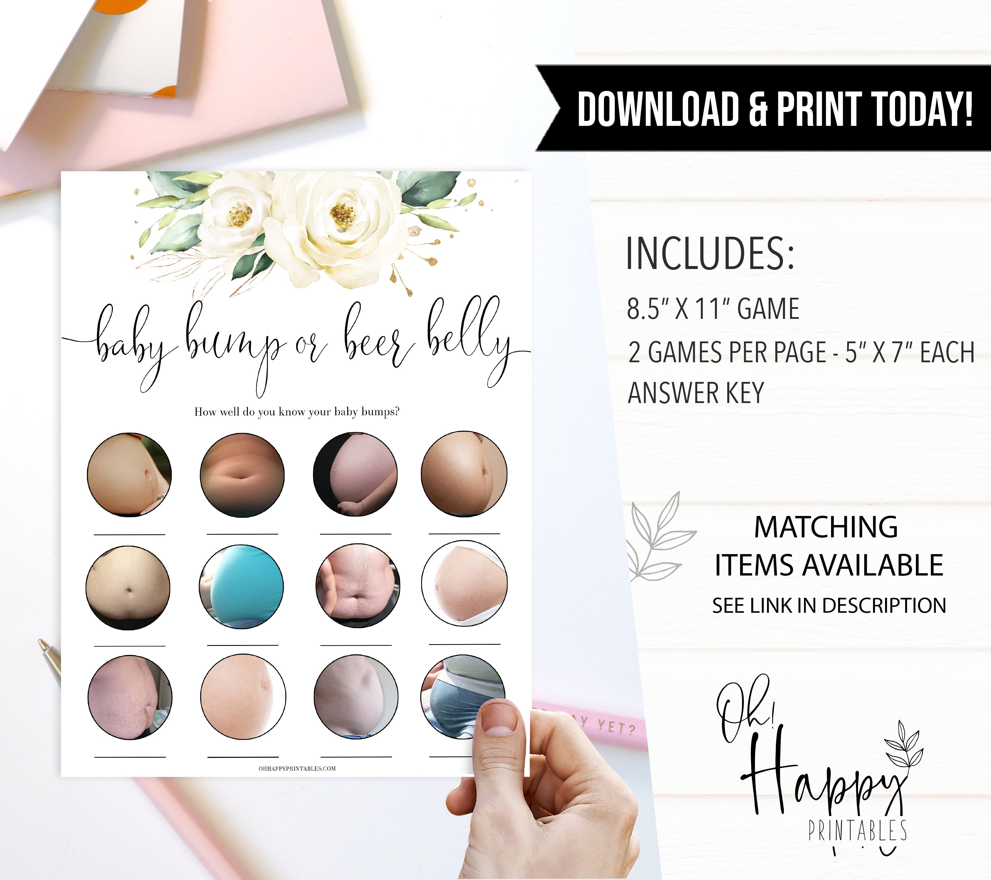 baby bump or beer belly game, Printable baby shower games, shite floral baby games, baby shower games, fun baby shower ideas, top baby shower ideas, floral baby shower, baby shower games, fun floral baby shower ideas