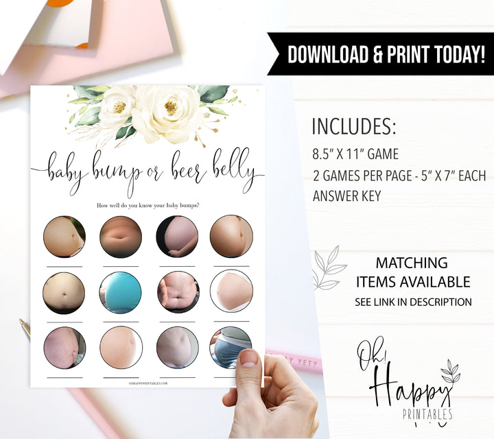 baby bump or beer belly game, Printable baby shower games, shite floral baby games, baby shower games, fun baby shower ideas, top baby shower ideas, floral baby shower, baby shower games, fun floral baby shower ideas