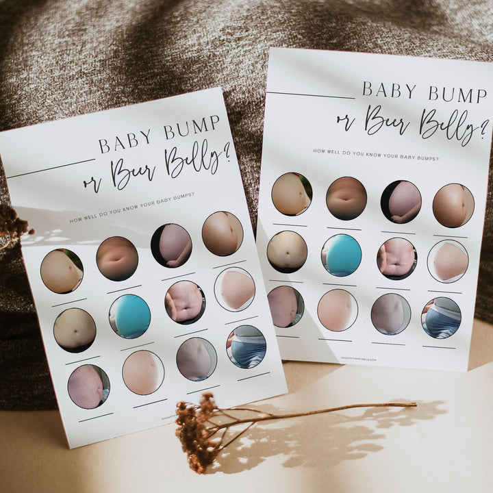 baby bump or beer belly baby shower game, printable baby shower games, editable baby shower games, modern baby shower games, minimalist baby shower