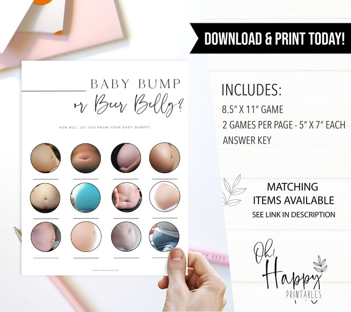 baby bump or beer belly baby shower game, printable baby shower games, editable baby shower games, modern baby shower games, minimalist baby shower