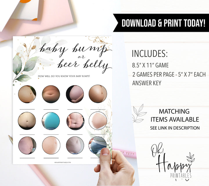 Gold green leaf baby games, baby bump or beer belly, printable baby games, fun baby games, top baby games to play, gold leaf baby shower, greenery baby shower ideas