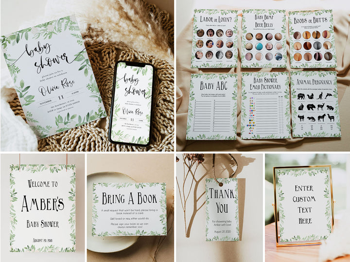 greenery baby shower, editable baby shower signs, printable baby shower games, baby shower bundle, baby mega bundle
