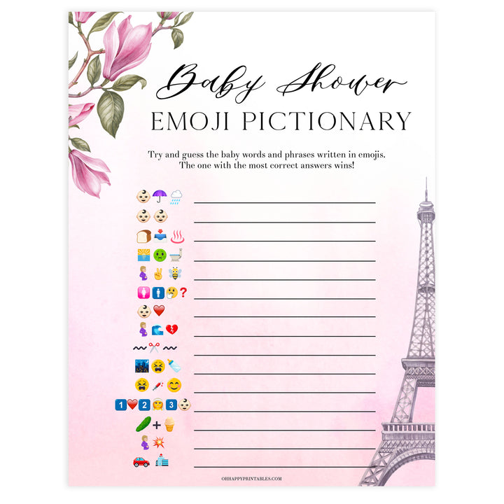 baby shower emoji pictionary game, Parisian baby shower games, printable baby shower games, Paris baby shower games, fun baby shower games