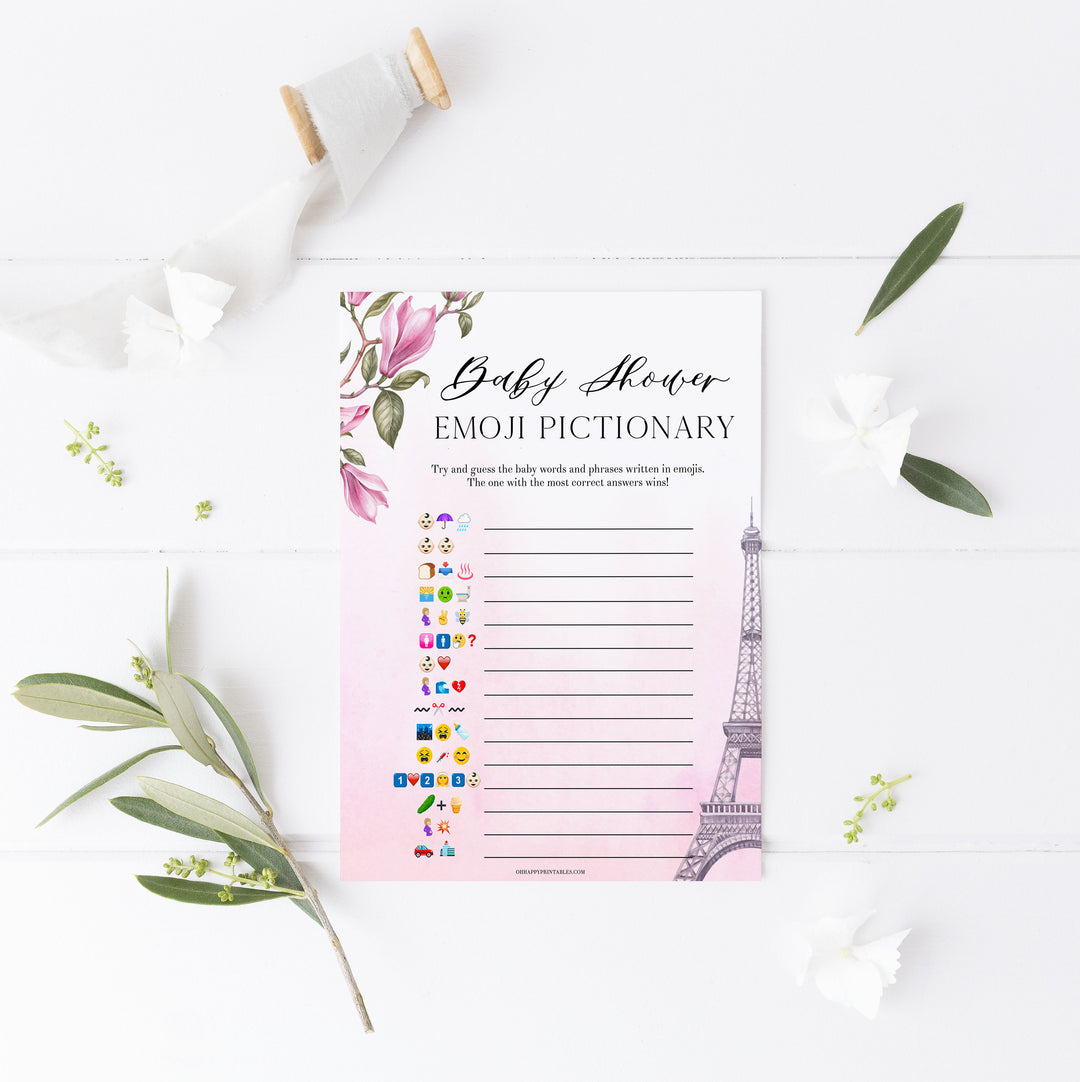 baby shower emoji pictionary game, Parisian baby shower games, printable baby shower games, Paris baby shower games, fun baby shower games