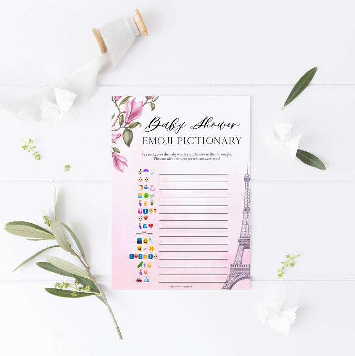 baby shower emoji pictionary game, Parisian baby shower games, printable baby shower games, Paris baby shower games, fun baby shower games