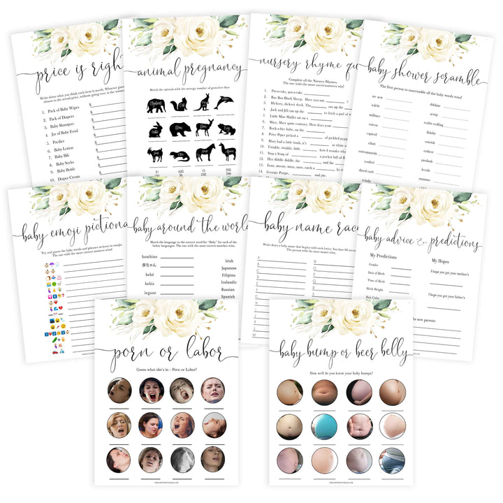10 baby shower games, 10 baby games bundle, Printable baby shower games, shite floral baby games, baby shower games, fun baby shower ideas, top baby shower ideas, floral baby shower, baby shower games, fun floral baby shower ideas