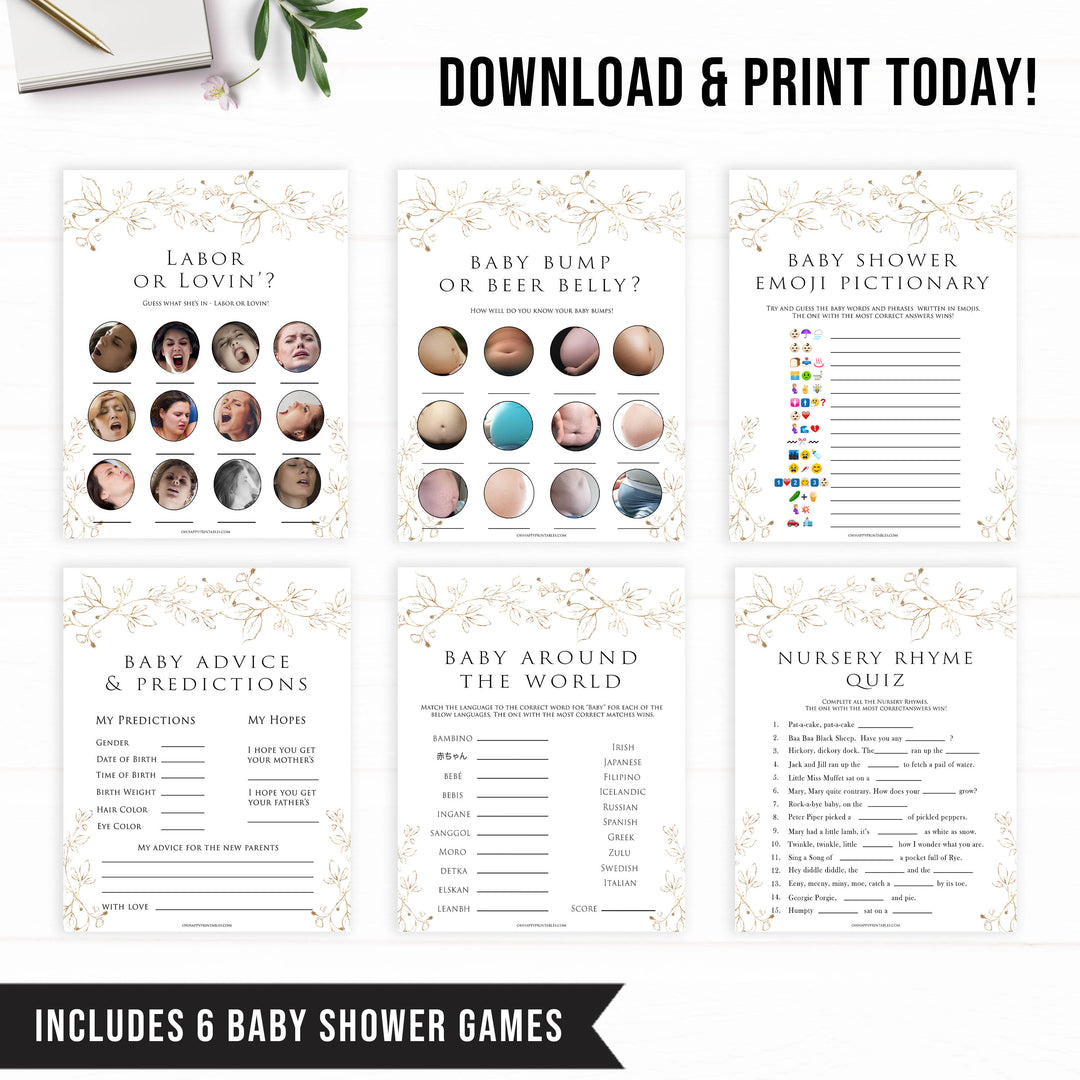 pack of baby games, baby games bundle, Printable baby shower games, gold leaf baby games, baby shower games, fun baby shower ideas, top baby shower ideas, gold leaf baby shower, baby shower games, fun gold leaf baby shower ideas