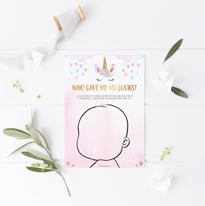 baby looks game, who will baby look like, printable baby shower games, unicorn baby shower games,