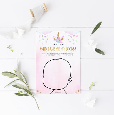 baby looks game, who will baby look like, printable baby shower games, unicorn baby shower games,
