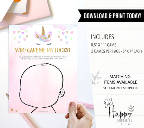baby looks game, who will baby look like, printable baby shower games, unicorn baby shower games,