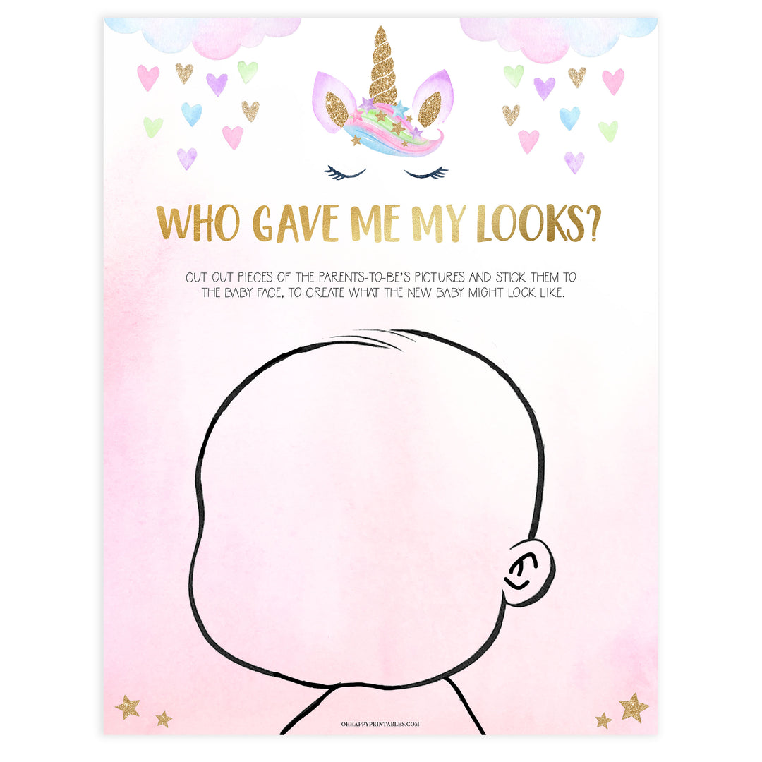 baby looks game, who will baby look like, printable baby shower games, unicorn baby shower games,