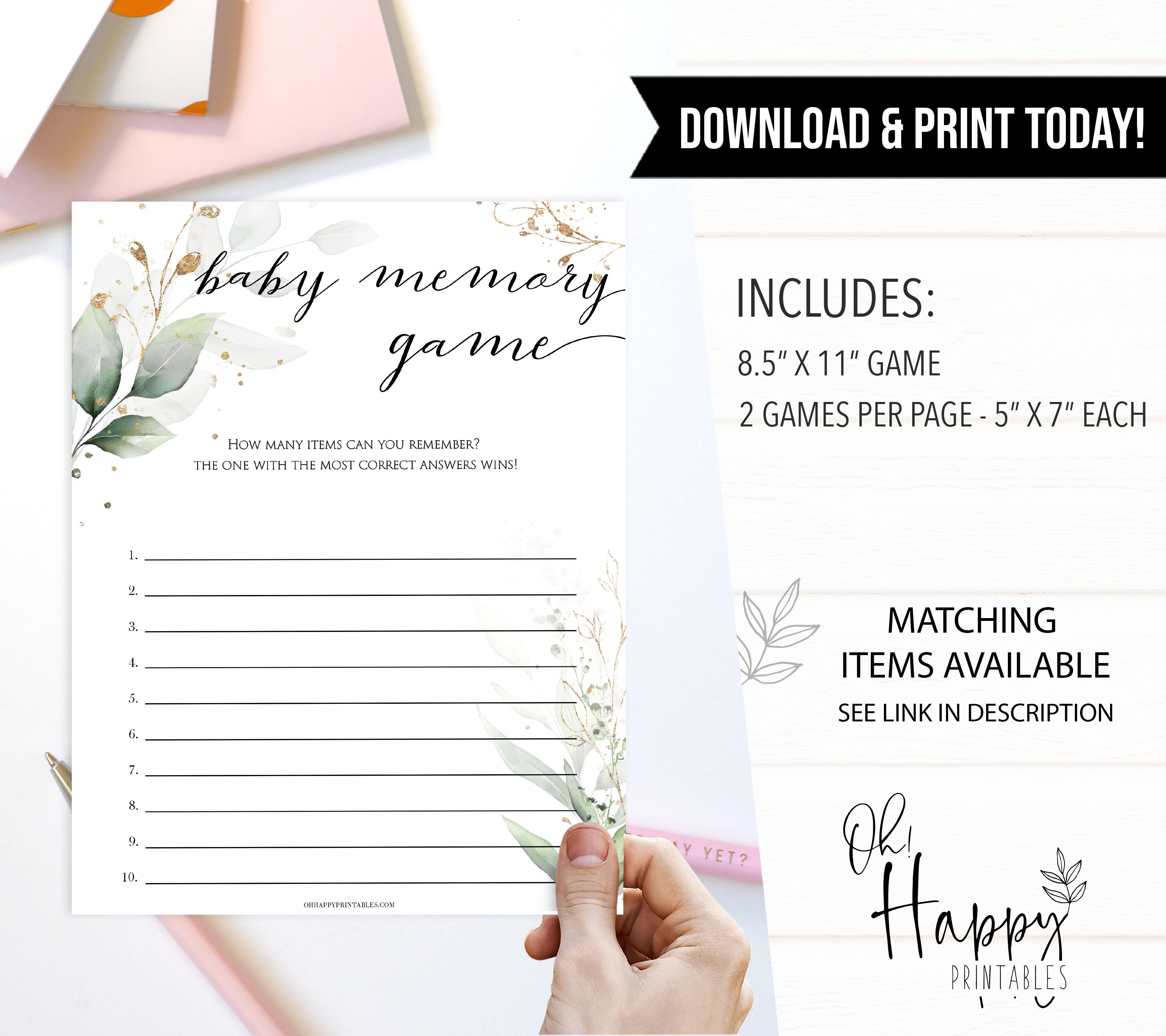 Gold green leaf baby games, baby memory game, printable baby games, fun baby games, top baby games to play, gold leaf baby shower, greenery baby shower ideas