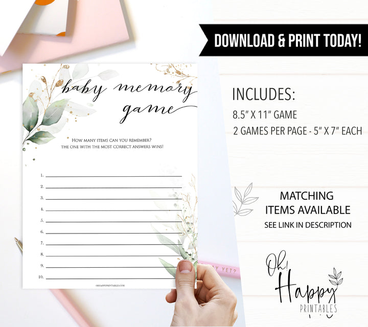 Gold green leaf baby games, baby memory game, printable baby games, fun baby games, top baby games to play, gold leaf baby shower, greenery baby shower ideas