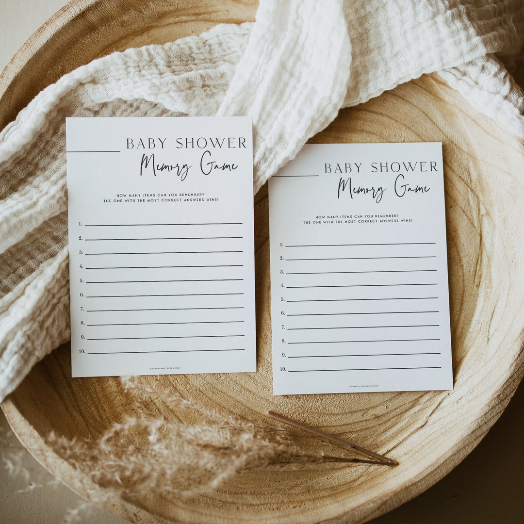 baby memory list game, baby shower game, printable baby shower games, editable baby shower games, modern baby shower games, minimalist baby shower