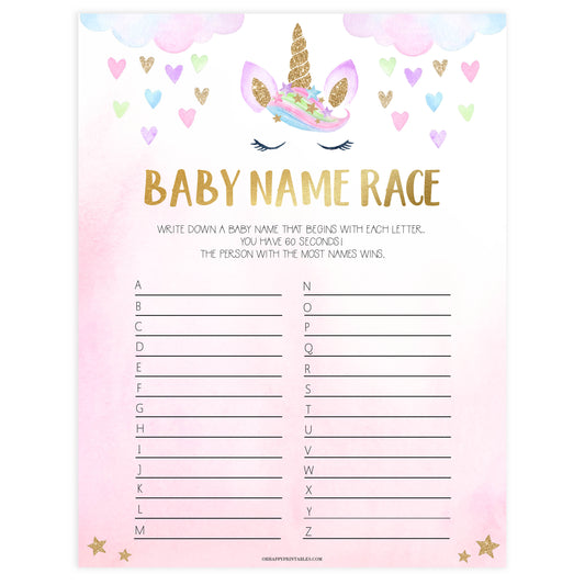 baby name race game, Printable baby shower games, unicorn baby games, baby shower games, fun baby shower ideas, top baby shower ideas, unicorn baby shower, baby shower games, fun unicorn baby shower ideas