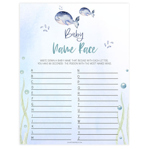 baby name race game, Printable baby shower games, whale baby games, baby shower games, fun baby shower ideas, top baby shower ideas, whale baby shower, baby shower games, fun whale baby shower ideas