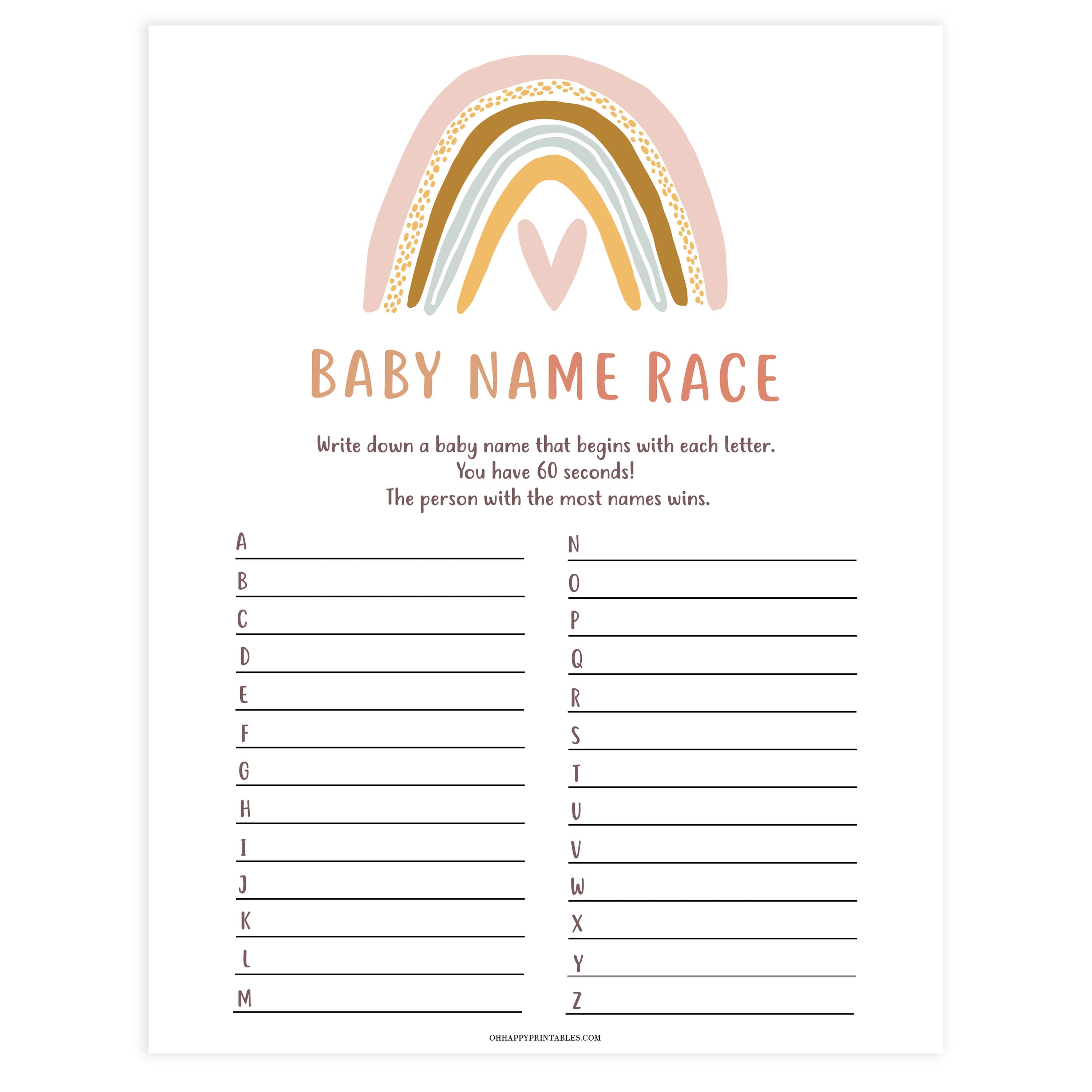 baby name race game, Printable baby shower games, boho rainbow baby games, baby shower games, fun baby shower ideas, top baby shower ideas, boho rainbow baby shower, baby shower games, fun boho rainbow baby shower ideas