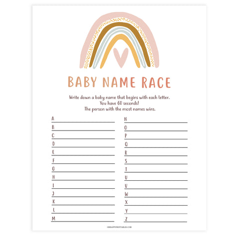 baby name race game, Printable baby shower games, boho rainbow baby games, baby shower games, fun baby shower ideas, top baby shower ideas, boho rainbow baby shower, baby shower games, fun boho rainbow baby shower ideas