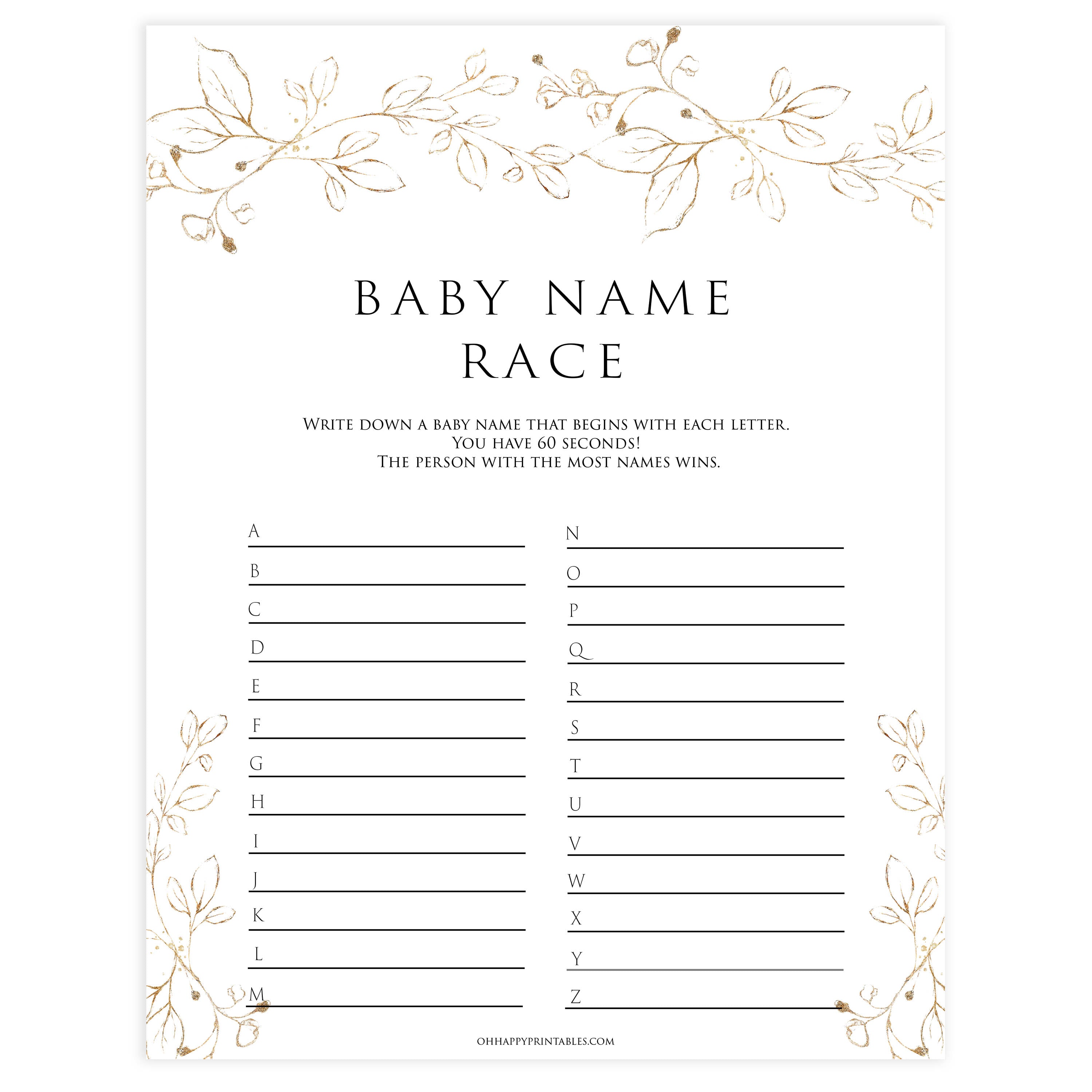 baby name race game, Printable baby shower games, gold leaf baby games, baby shower games, fun baby shower ideas, top baby shower ideas, gold leaf baby shower, baby shower games, fun gold leaf baby shower ideas