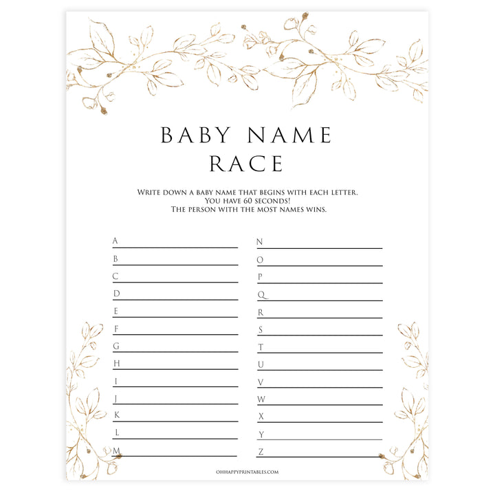 baby name race game, Printable baby shower games, gold leaf baby games, baby shower games, fun baby shower ideas, top baby shower ideas, gold leaf baby shower, baby shower games, fun gold leaf baby shower ideas