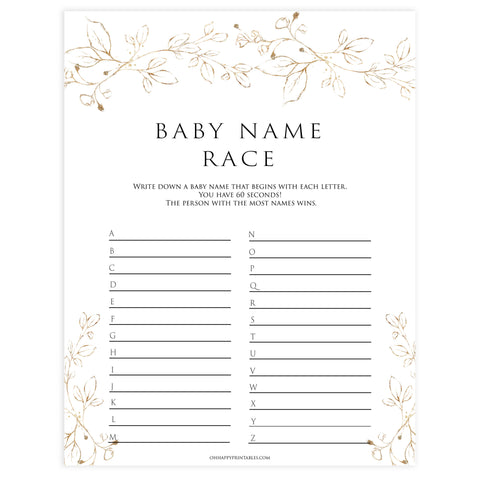 baby name race game, Printable baby shower games, gold leaf baby games, baby shower games, fun baby shower ideas, top baby shower ideas, gold leaf baby shower, baby shower games, fun gold leaf baby shower ideas