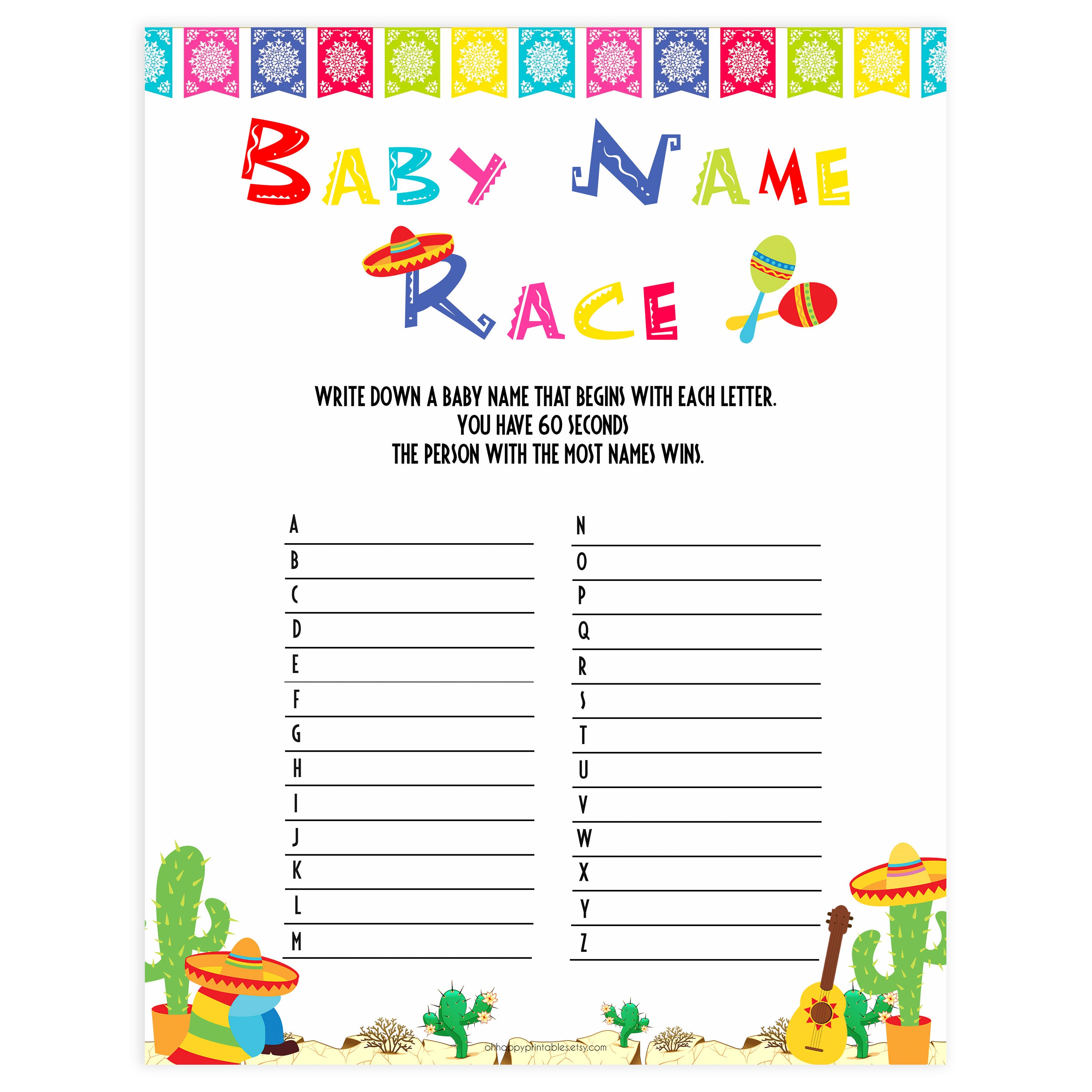 baby name race game, Printable baby shower games, Mexican fiesta fun baby games, baby shower games, fun baby shower ideas, top baby shower ideas, fiesta shower baby shower, fiesta baby shower ideas