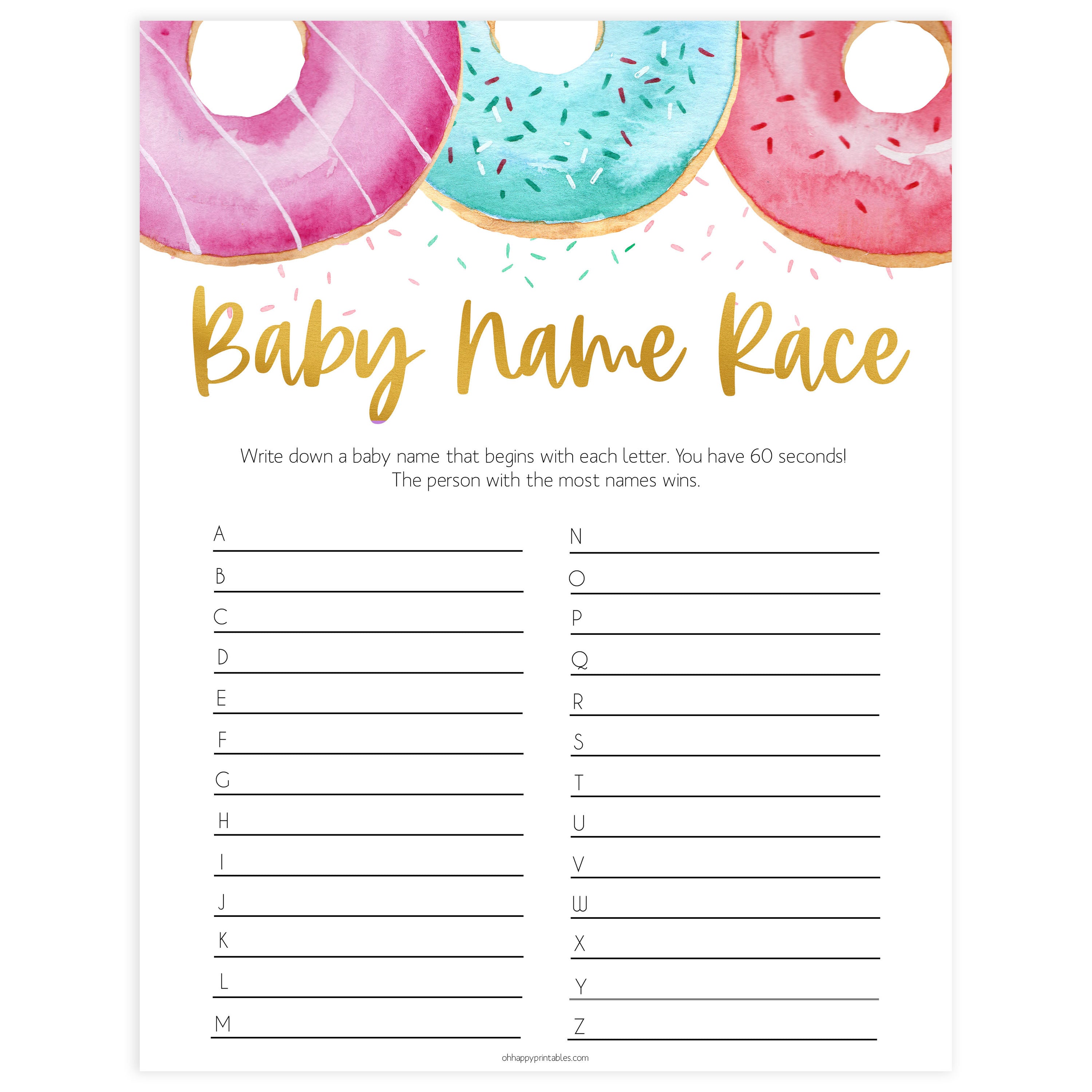 baby name race game, Printable baby shower games, donut baby games, baby shower games, fun baby shower ideas, top baby shower ideas, donut sprinkles baby shower, baby shower games, fun donut baby shower ideas